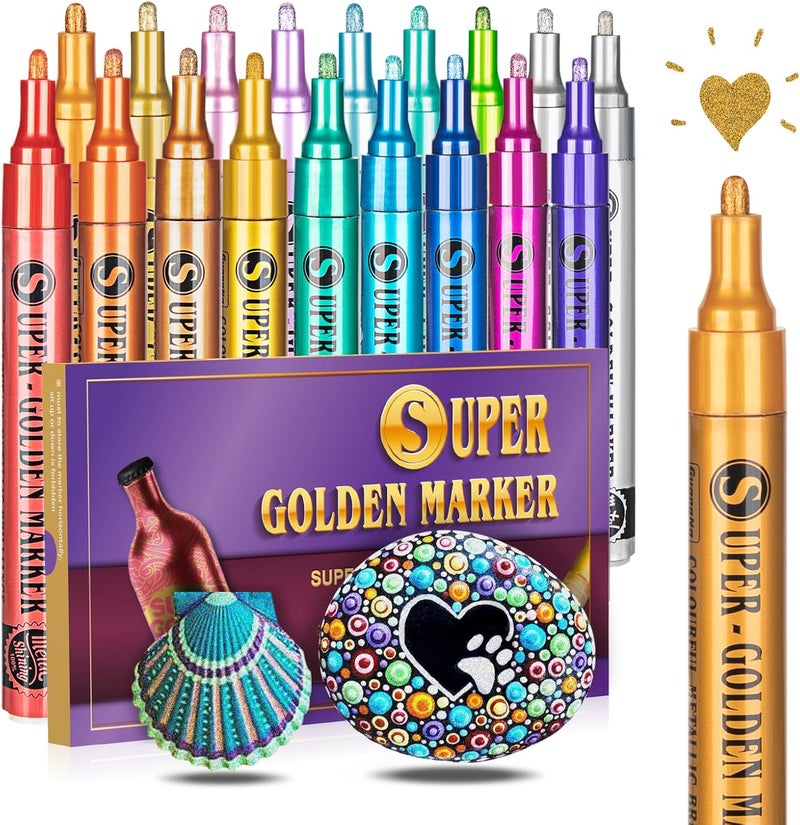 SAKEYR Super Golden Metallic Paint Markers, 18 Colors Sparkle Metallic Glitter Markers, Acrylic Paint Pens for Rock Painting, Glass, Wood, Fabric, Black Paper, Cards, Scrapbook, DIY Art Crafts (2-3mm) - Image 1